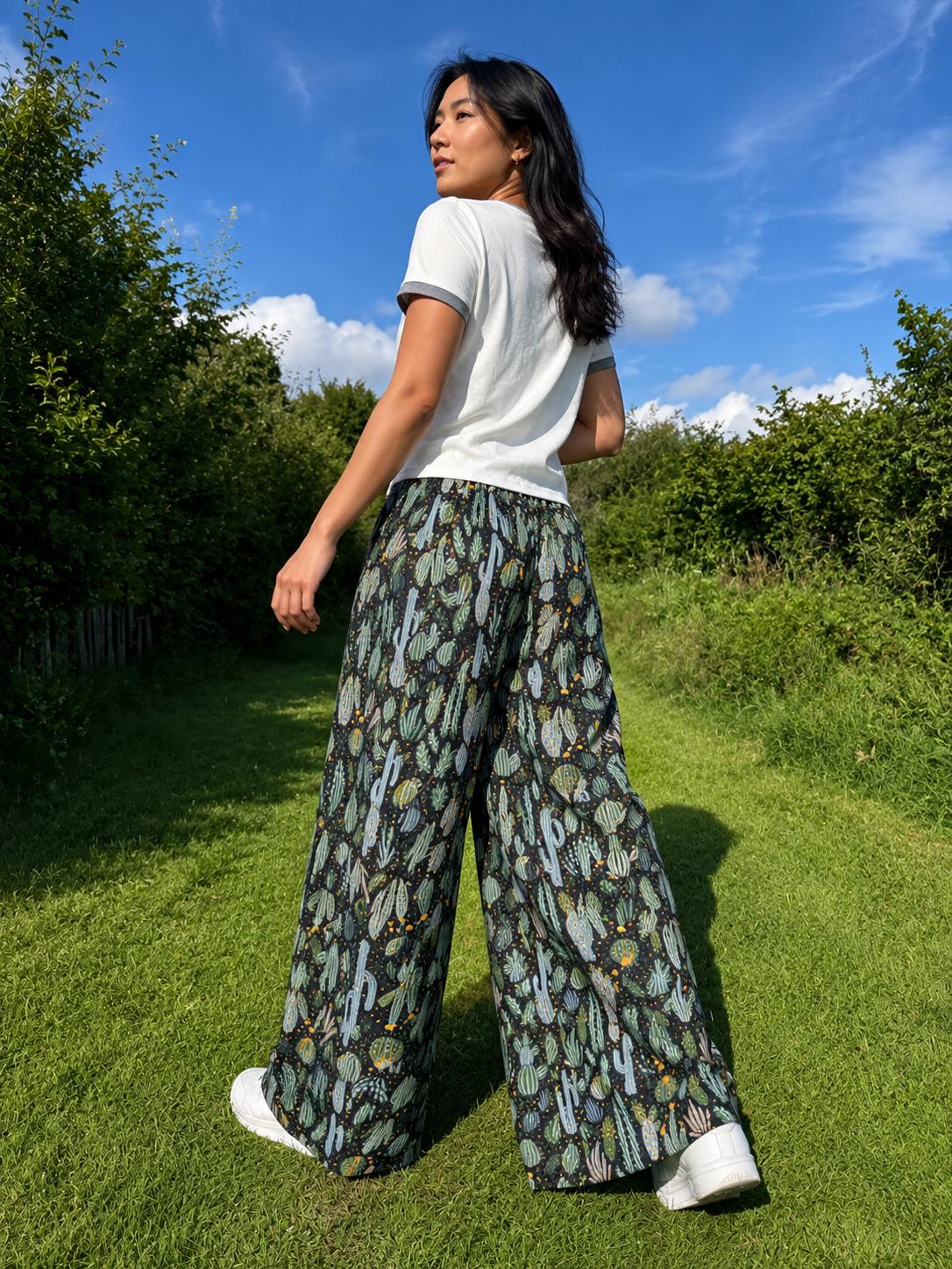 Cactus Print Wide Leg Palazzo Pants | Boho Festival Trousers | Unisex Cotton Flowy Summer Pants
