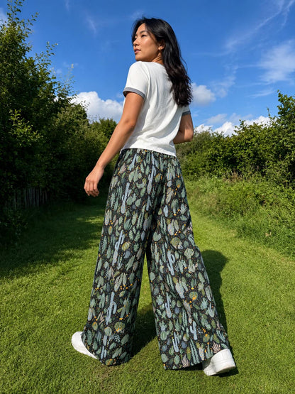 Cactus Print Wide Leg Palazzo Pants | Boho Festival Trousers | Unisex Cotton Flowy Summer Pants