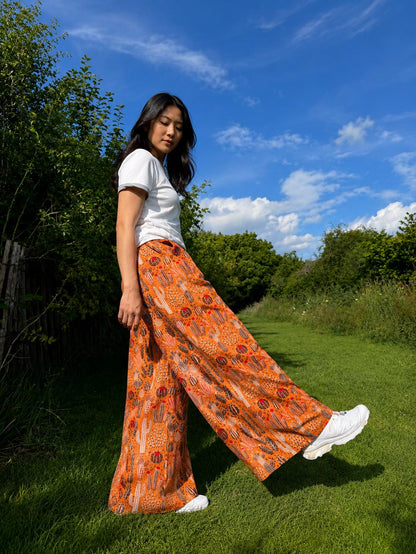 Cactus Print Wide Leg Palazzo Pants | Boho Festival Trousers | Unisex Cotton Flowy Summer Pants