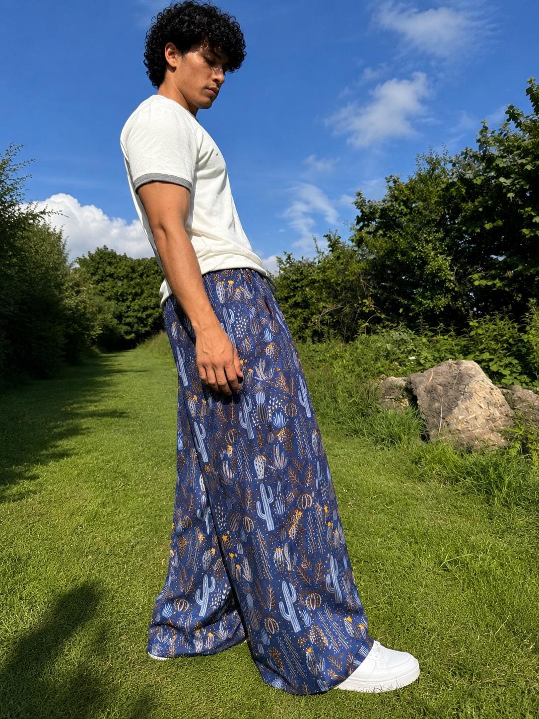 Cactus Print Wide Leg Palazzo Pants | Boho Festival Trousers | Unisex Cotton Flowy Summer Pants
