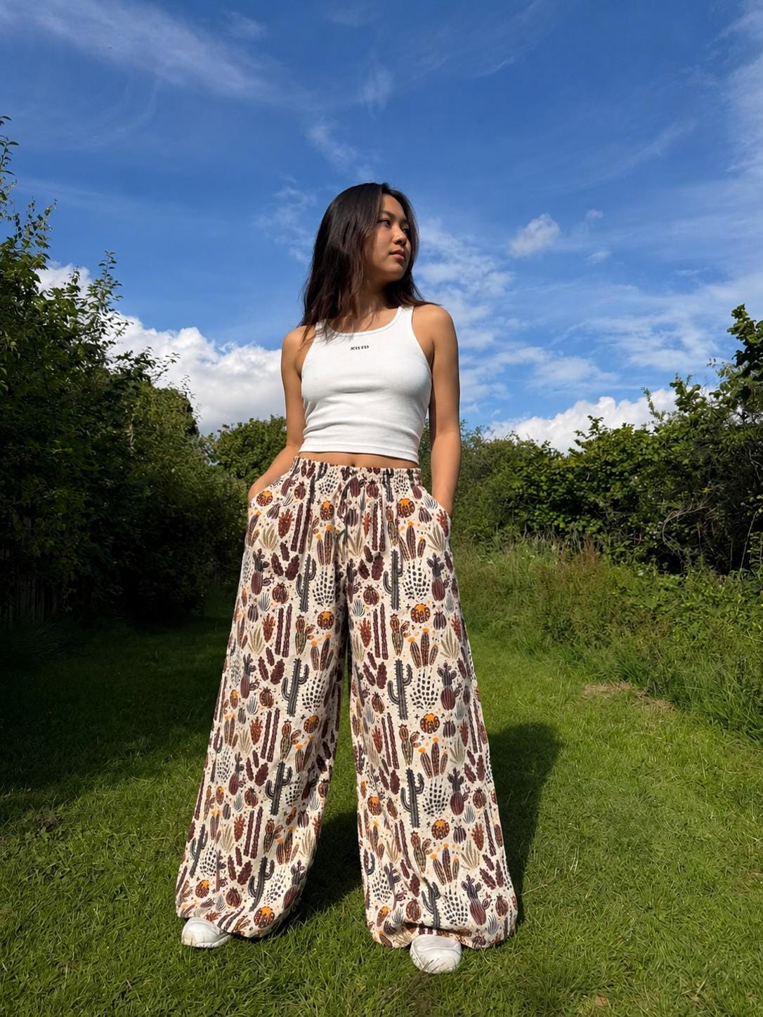 Cactus Print Wide Leg Palazzo Pants | Boho Festival Trousers | Unisex Cotton Flowy Summer Pants