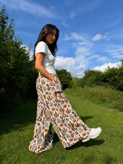 Cactus Print Wide Leg Palazzo Pants | Boho Festival Trousers | Unisex Cotton Flowy Summer Pants