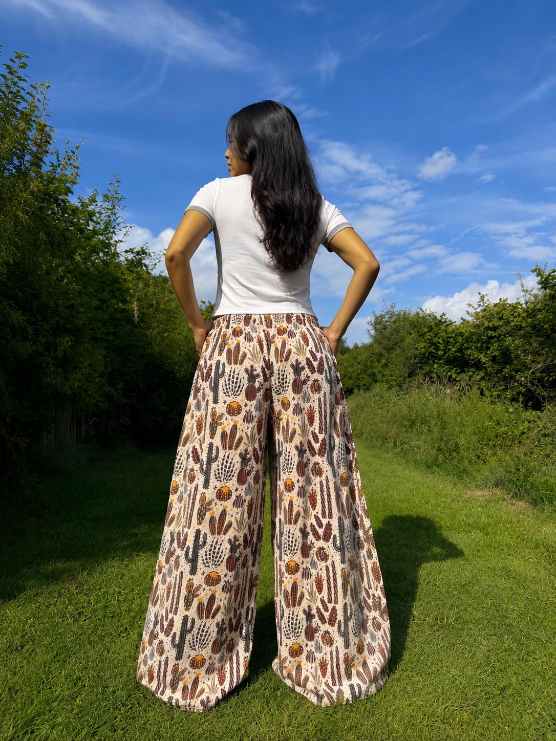 Cactus Print Wide Leg Palazzo Pants | Boho Festival Trousers | Unisex Cotton Flowy Summer Pants