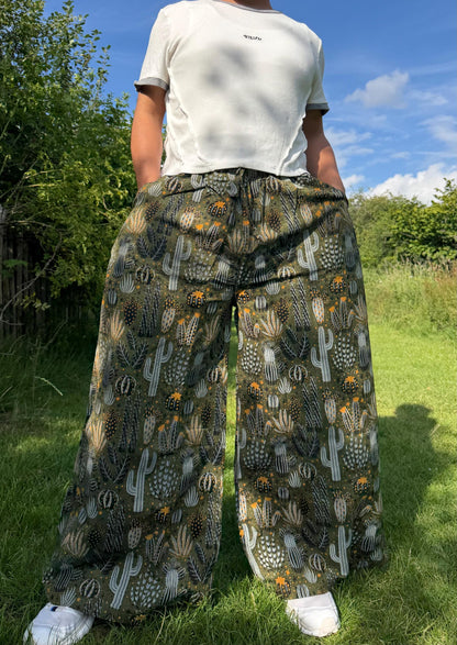 Cactus Print Wide Leg Palazzo Pants | Boho Festival Trousers | Unisex Cotton Flowy Summer Pants