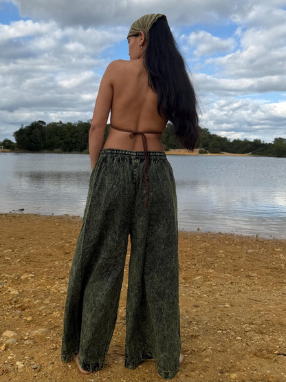 Embroidered Wide Leg Trousers | Stonewash Cotton Palazzo Pants, Boho Festival Style