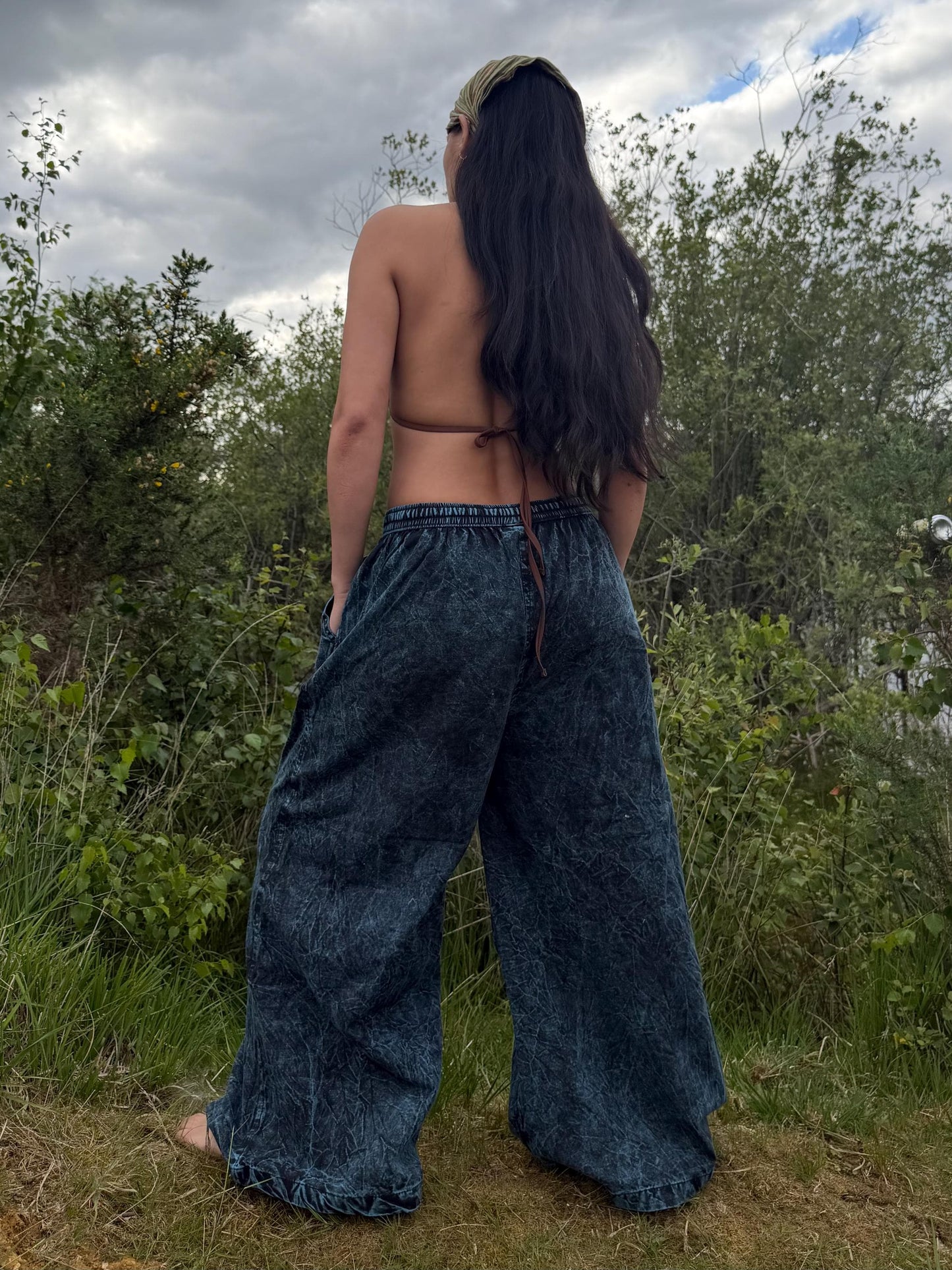 Embroidered Wide Leg Trousers | Stonewash Cotton Palazzo Pants, Boho Festival Style