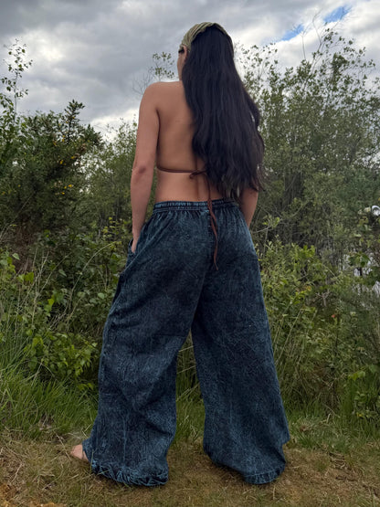 Embroidered Wide Leg Trousers | Stonewash Cotton Palazzo Pants, Boho Festival Style