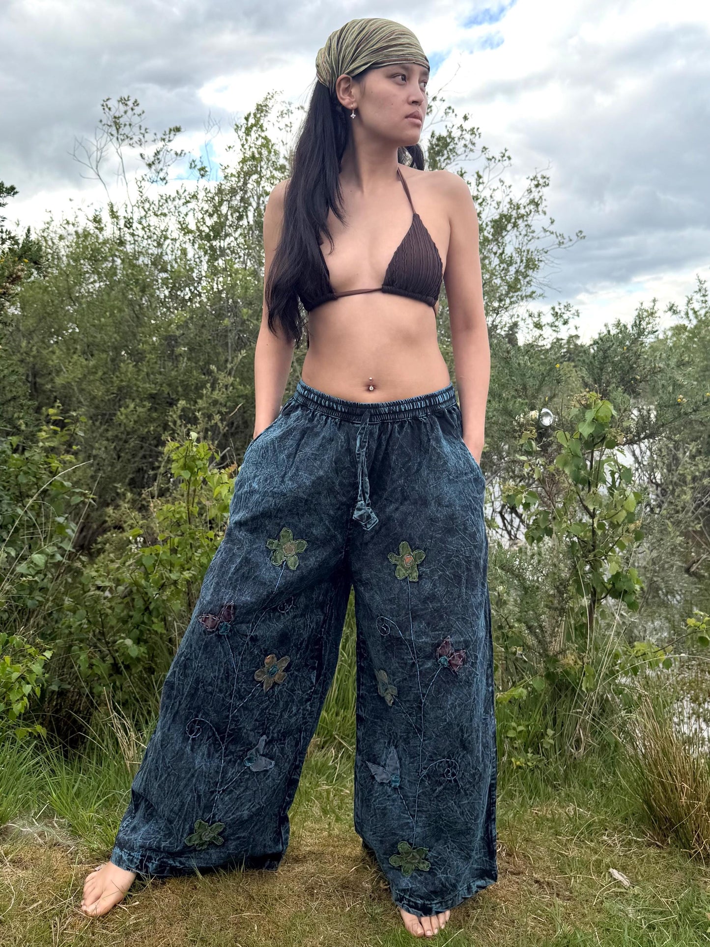 Embroidered Wide Leg Trousers | Stonewash Cotton Palazzo Pants, Boho Festival Style