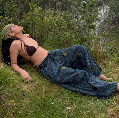 Embroidered Wide Leg Trousers | Stonewash Cotton Palazzo Pants, Boho Festival Style