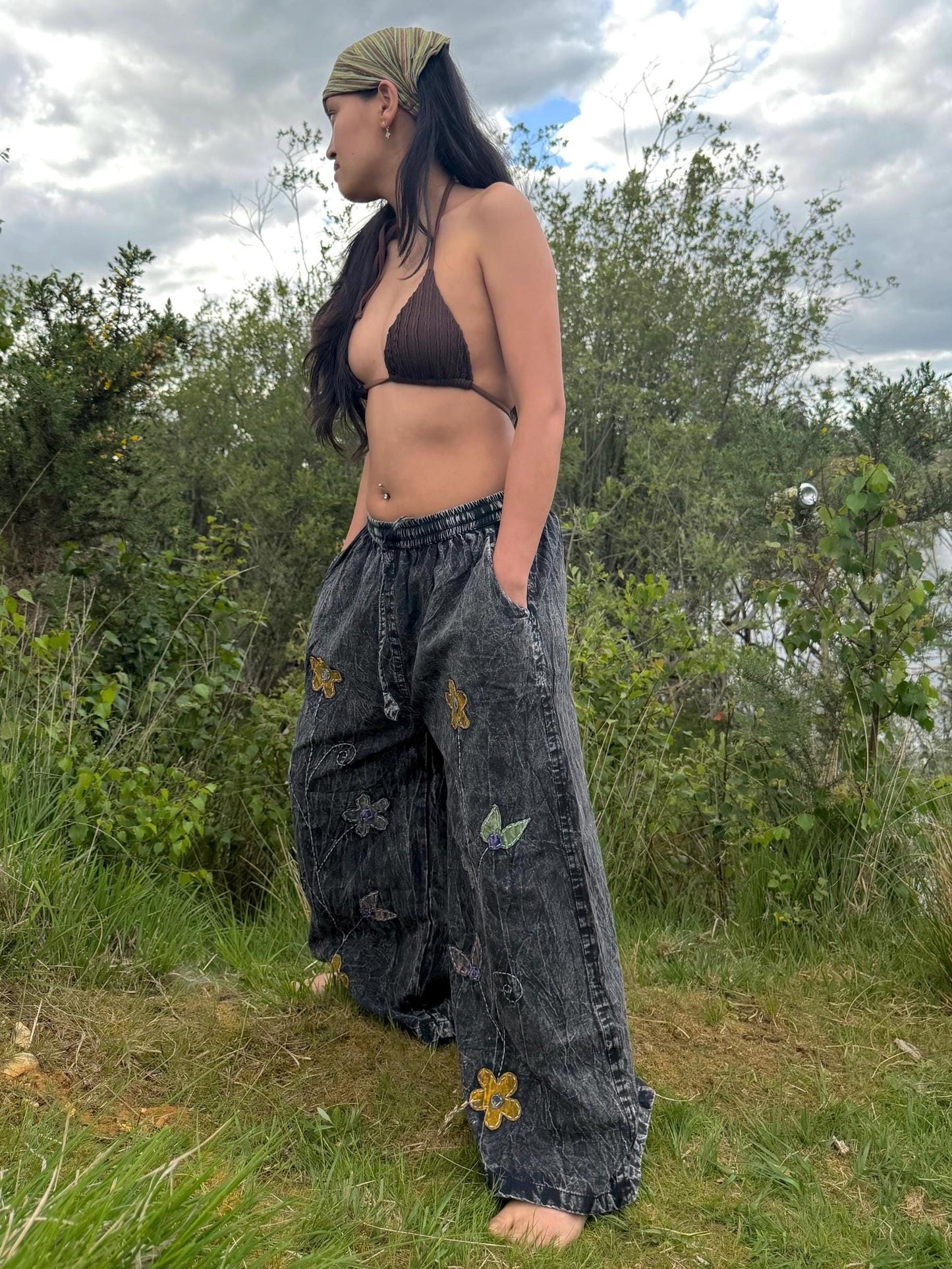 Embroidered Wide Leg Trousers | Stonewash Cotton Palazzo Pants, Boho Festival Style