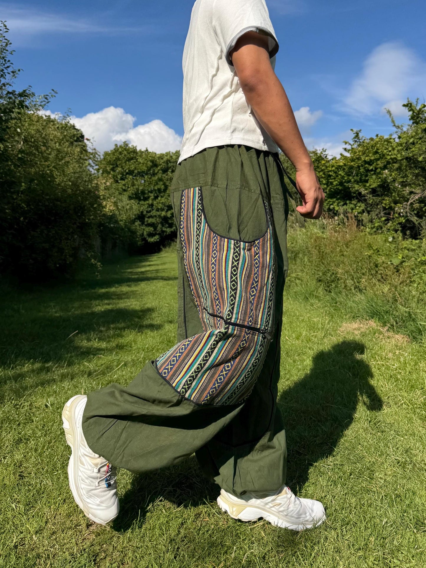 Handwoven Nepali Patchwork Cargo Pants, Stonewashed Cotton Boho Trousers