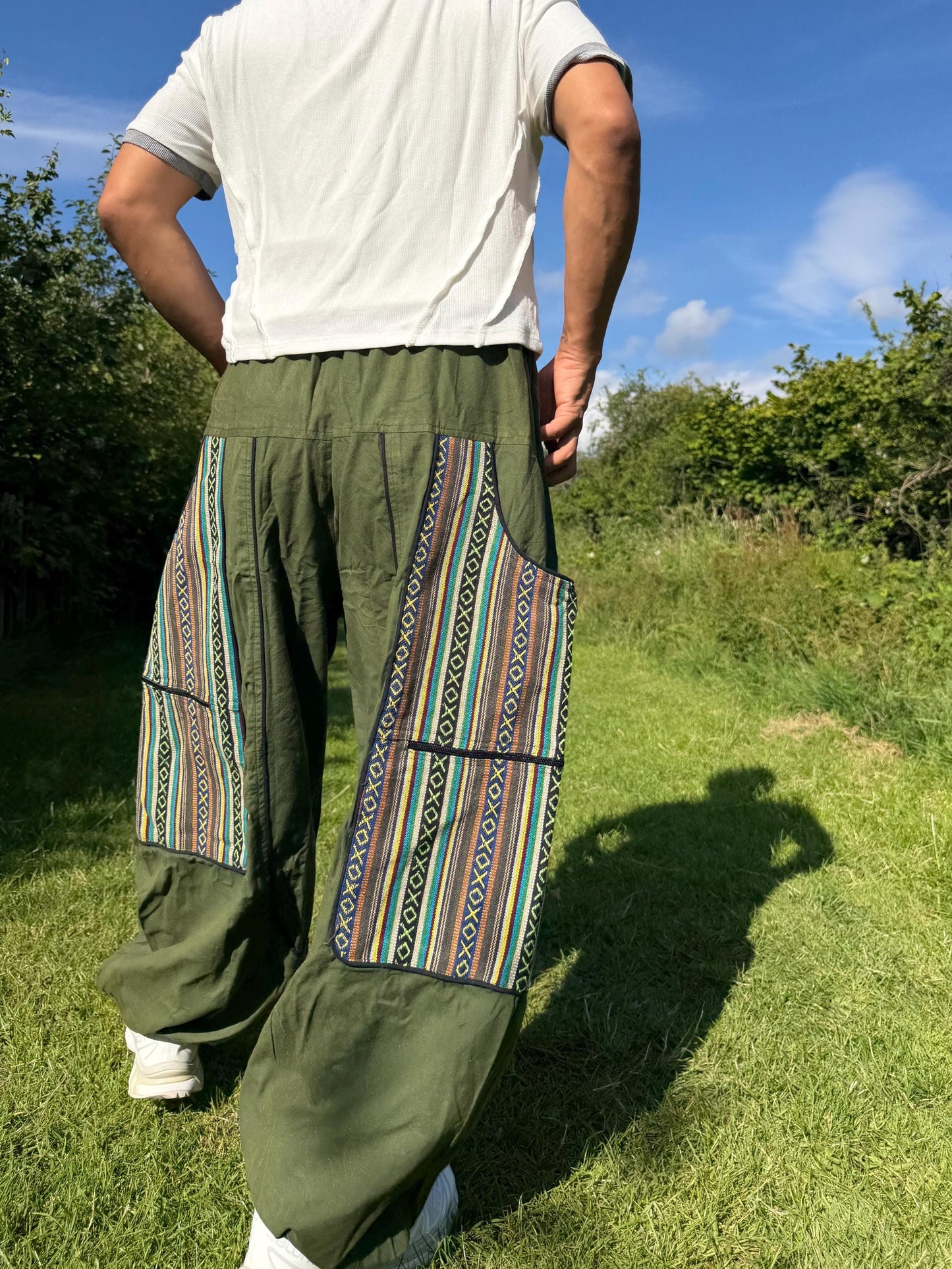 Handwoven Patchwork Cargo Pants, Boho Cotton Trousers, Unisex Festival Wide Leg