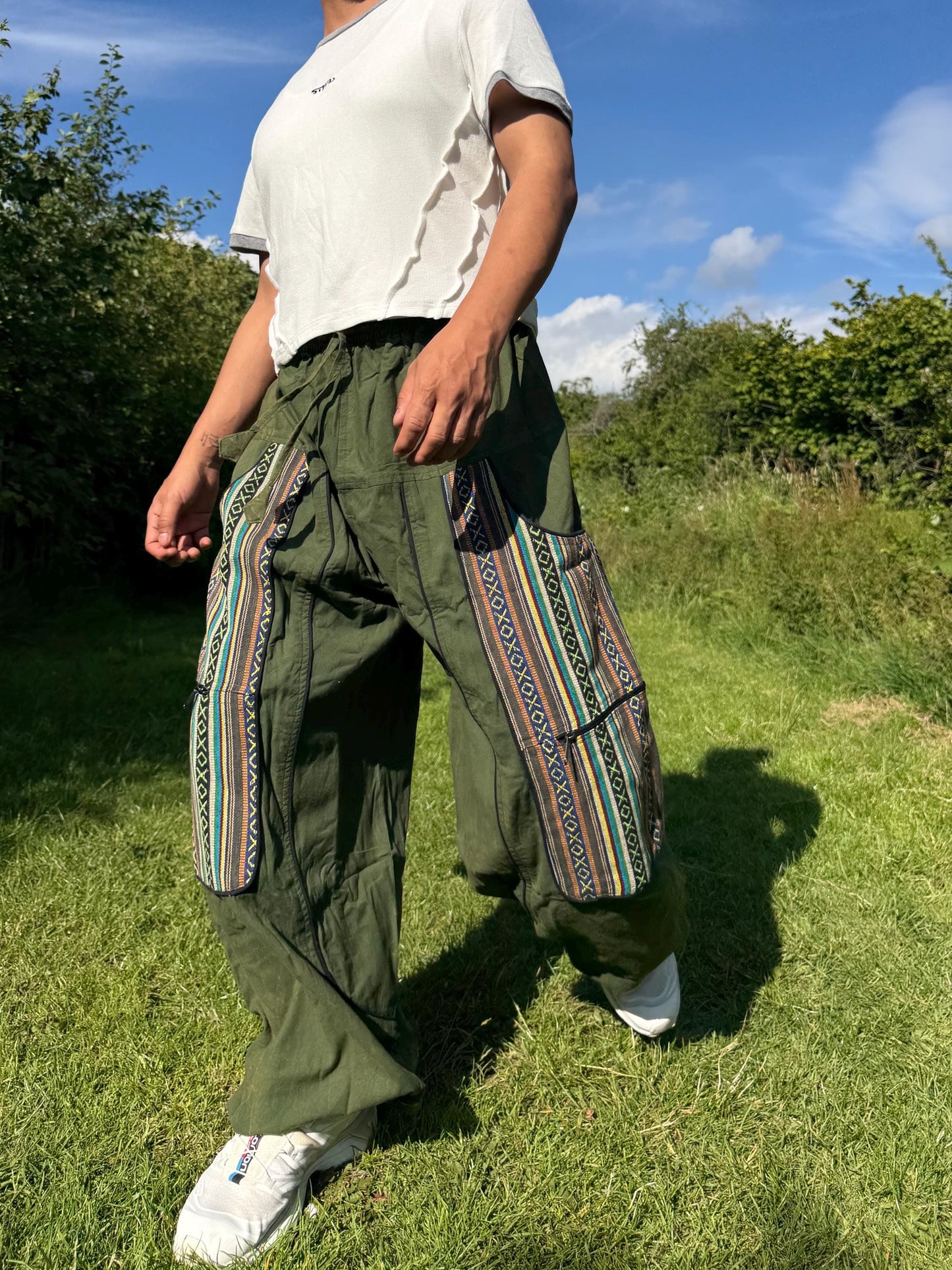 Handwoven Patchwork Cargo Pants, Boho Cotton Trousers, Unisex Festival Wide Leg
