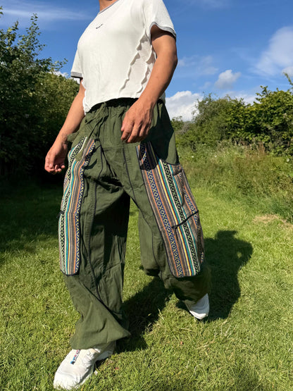 Handwoven Patchwork Cargo Pants, Boho Cotton Trousers, Unisex Festival Wide Leg