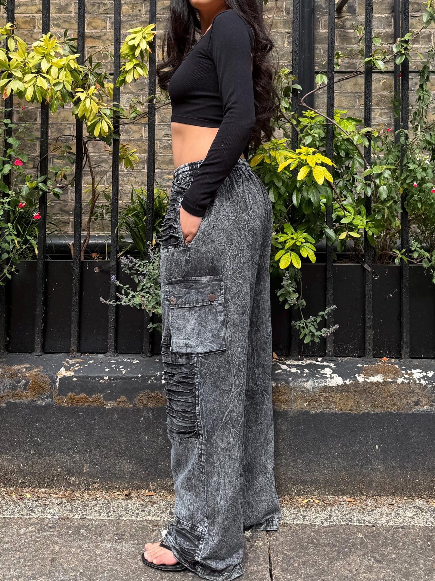 Stonewashed Patchwork Cargo Trousers | Wide Leg Festival Pants, Gothic Grunge Style