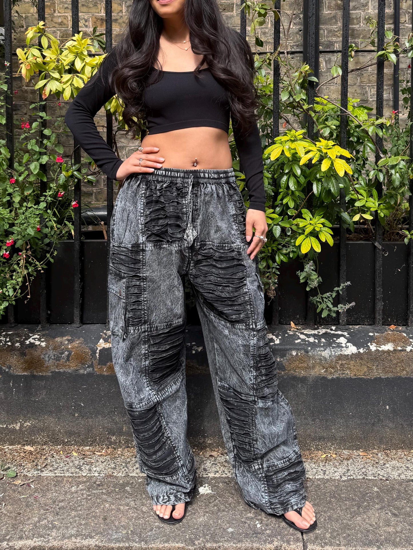 Stonewashed Patchwork Cargo Trousers | Wide Leg Festival Pants, Gothic Grunge Style