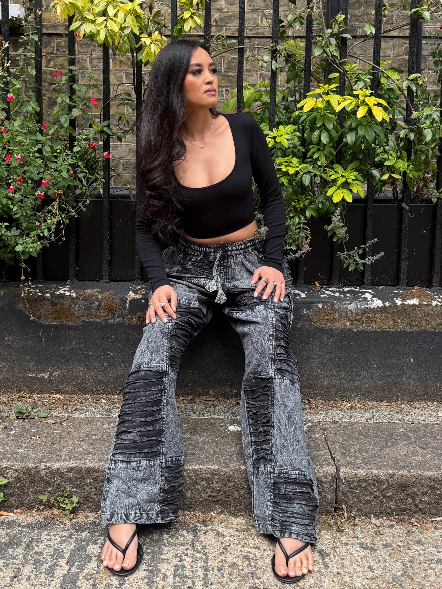 Stonewashed Patchwork Cargo Trousers | Wide Leg Festival Pants, Gothic Grunge Style
