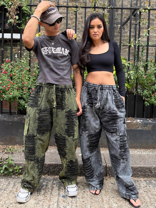 Stonewashed Patchwork Cargo Trousers | Wide Leg Festival Pants, Gothic Grunge Style