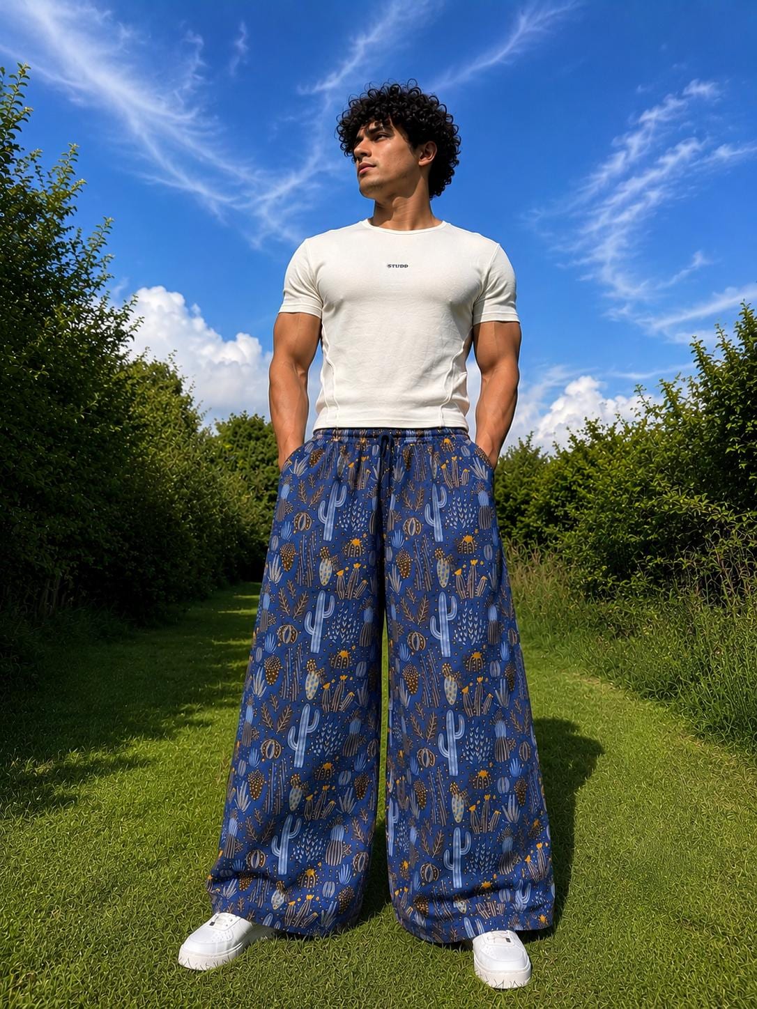 Cactus Print Wide Leg Palazzo Pants | Boho Festival Trousers | Unisex Cotton Flowy Summer Pants