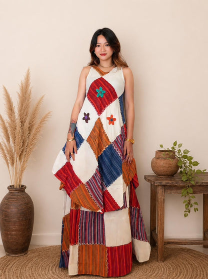 Handmade Patchwork Cotton Tunic Top and Maxi Skirt Set, Boho Festival Outfit