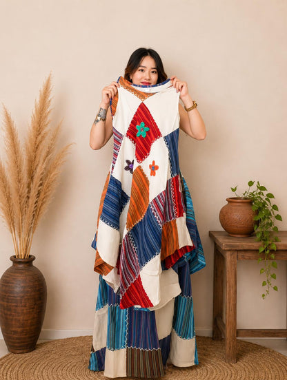 Handmade Patchwork Cotton Tunic Top and Maxi Skirt Set, Boho Festival Outfit