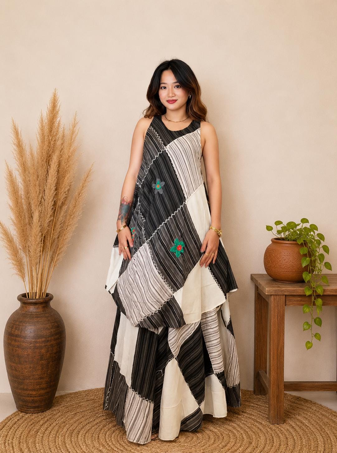 Handmade Patchwork Cotton Tunic Top and Maxi Skirt Set, Boho Festival Outfit