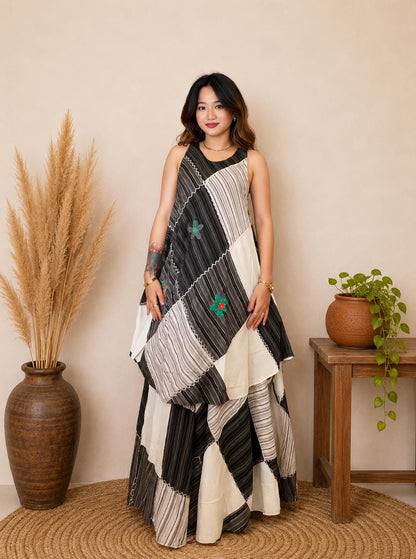 Handmade Patchwork Cotton Tunic Top and Maxi Skirt Set, Boho Festival Outfit