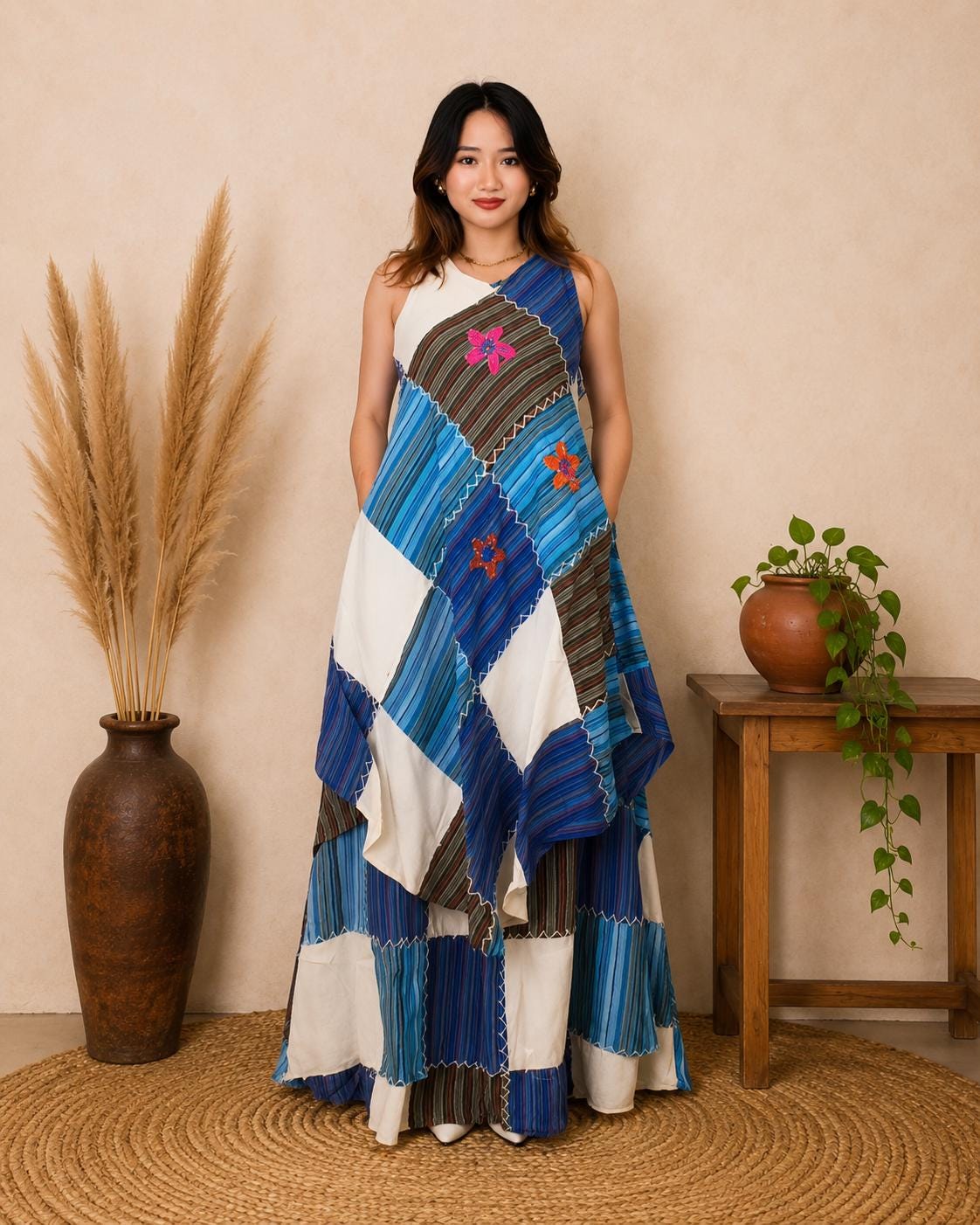 Handmade Patchwork Cotton Tunic Top and Maxi Skirt Set, Boho Festival Outfit