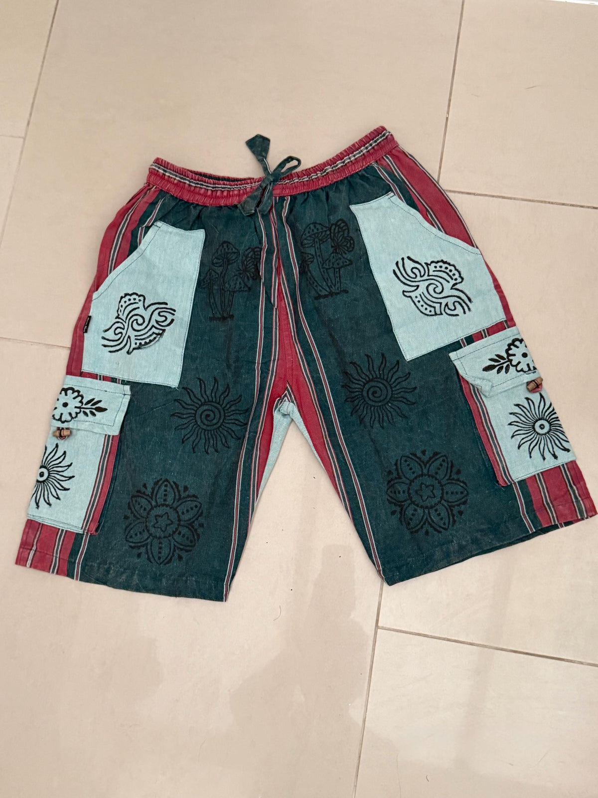 Boho Festival Cargo Shorts, Mushroom Sun Print Jorts, Baggy Fit, Elasticated Waist (100% Cotton)