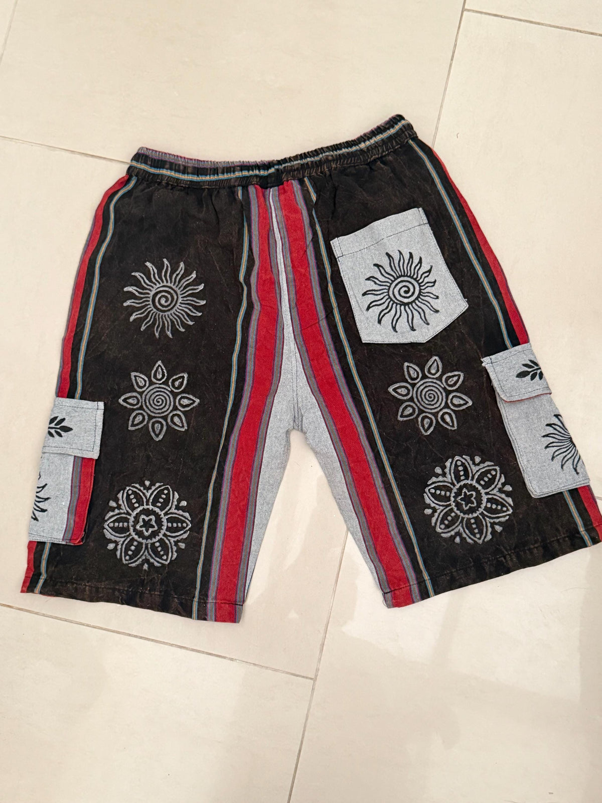 Boho Festival Cargo Shorts, Mushroom Sun Print Jorts, Baggy Fit, Elasticated Waist (100% Cotton)