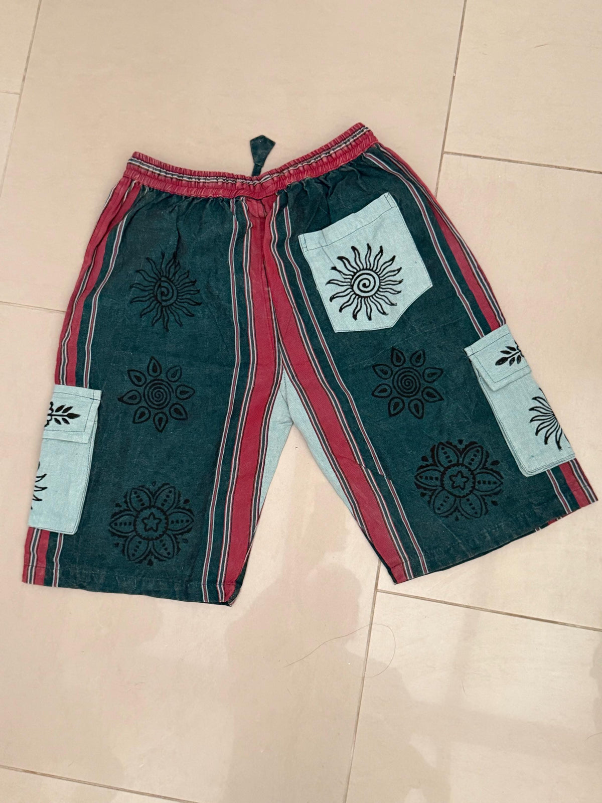 Boho Festival Cargo Shorts, Mushroom Sun Print Jorts, Baggy Fit, Elasticated Waist (100% Cotton)