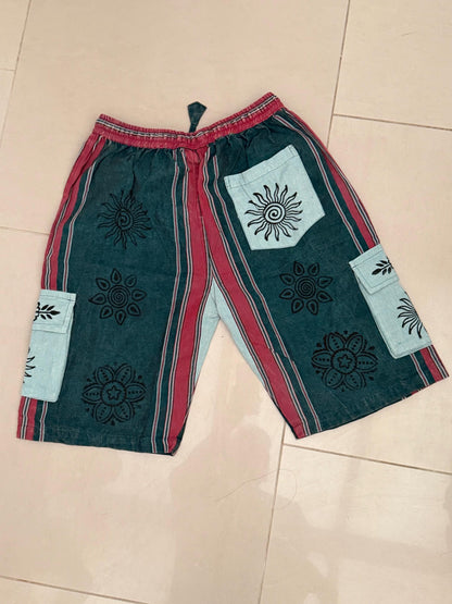 Boho Festival Cargo Shorts, Mushroom Sun Print Jorts, Baggy Fit, Elasticated Waist (100% Cotton)