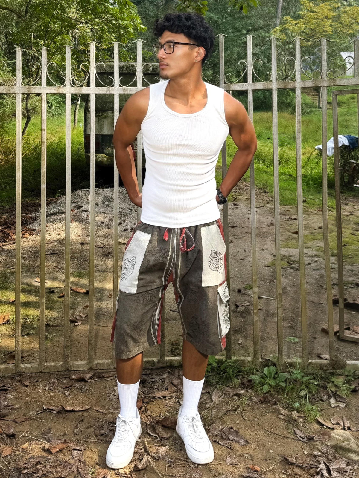 Boho Festival Cargo Shorts, Mushroom Sun Print Jorts, Baggy Fit, Elasticated Waist (100% Cotton)