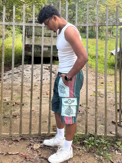 Boho Festival Cargo Shorts, Mushroom Sun Print Jorts, Baggy Fit, Elasticated Waist (100% Cotton)