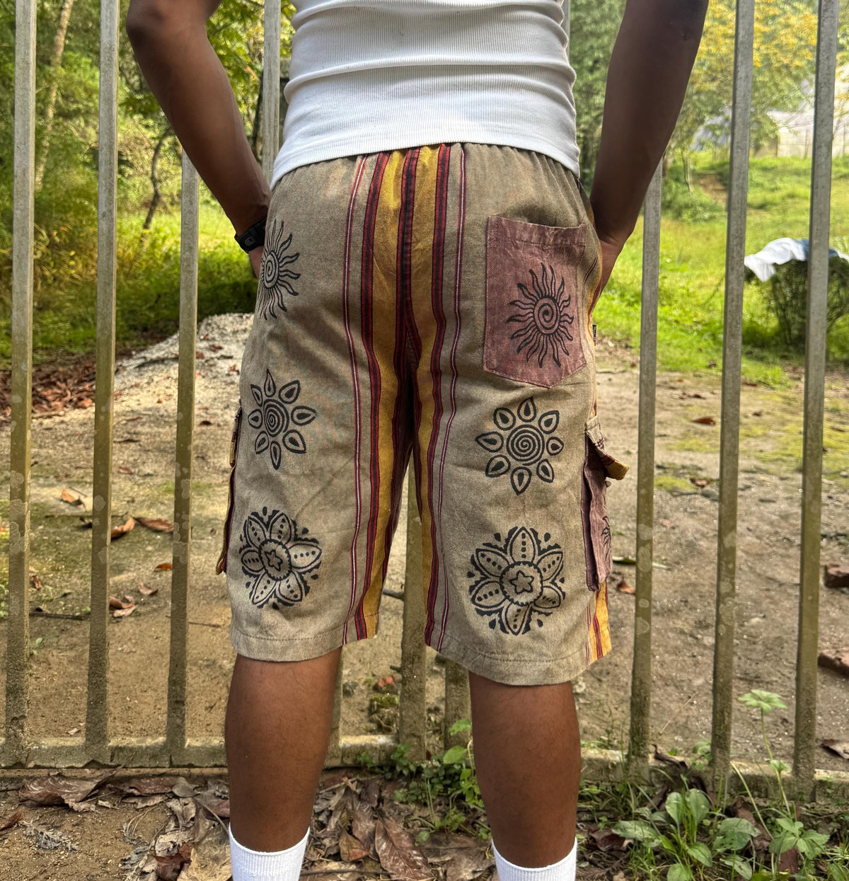 Boho Festival Cargo Shorts, Mushroom Sun Print Jorts, Baggy Fit, Elasticated Waist (100% Cotton)