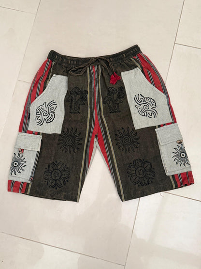 Boho Festival Cargo Shorts, Mushroom Sun Print Jorts, Baggy Fit, Elasticated Waist (100% Cotton)