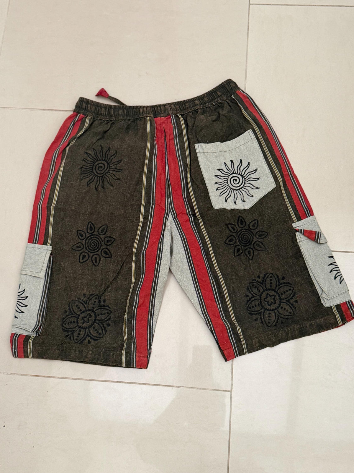 Boho Festival Cargo Shorts, Mushroom Sun Print Jorts, Baggy Fit, Elasticated Waist (100% Cotton)