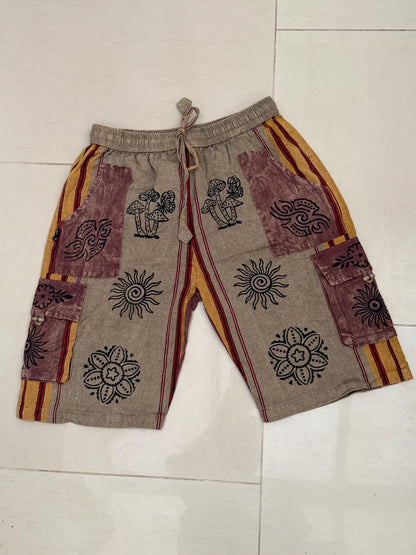 Boho Festival Cargo Shorts, Mushroom Sun Print Jorts, Baggy Fit, Elasticated Waist (100% Cotton)