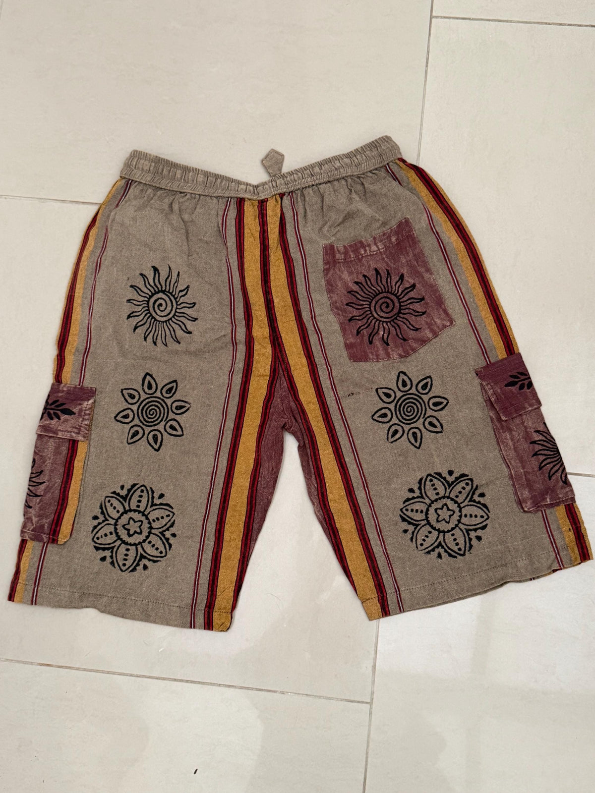 Boho Festival Cargo Shorts, Mushroom Sun Print Jorts, Baggy Fit, Elasticated Waist (100% Cotton)