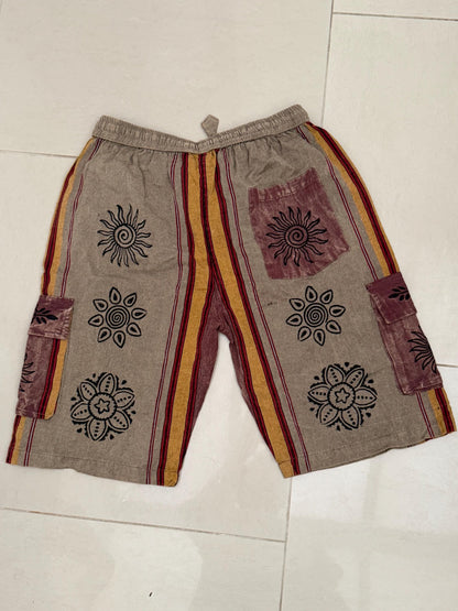 Boho Festival Cargo Shorts, Mushroom Sun Print Jorts, Baggy Fit, Elasticated Waist (100% Cotton)