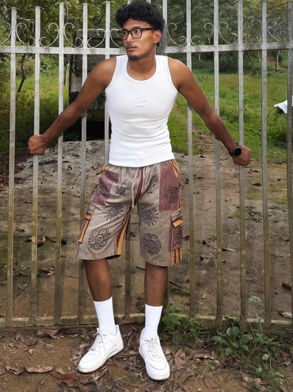 Boho Festival Cargo Shorts, Mushroom Sun Print Jorts, Baggy Fit, Elasticated Waist (100% Cotton)