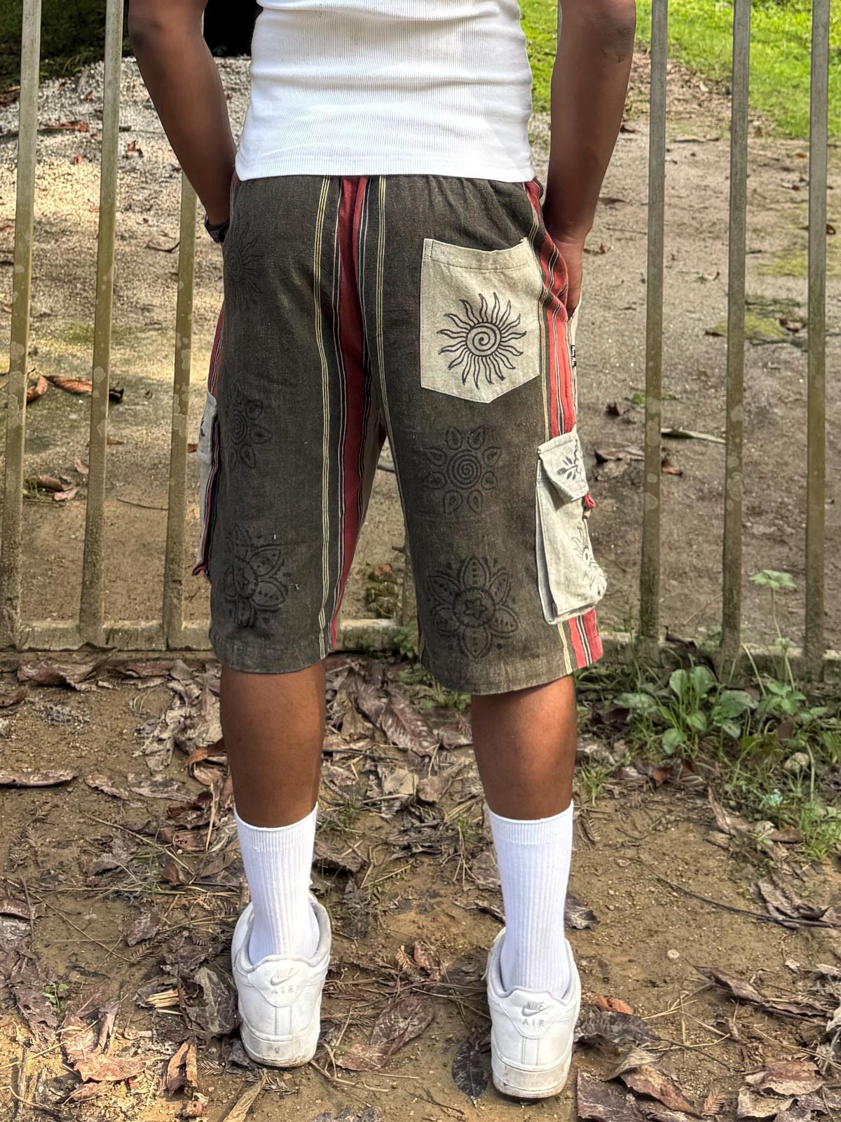 Boho Festival Cargo Shorts, Mushroom Sun Print Jorts, Baggy Fit, Elasticated Waist (100% Cotton)