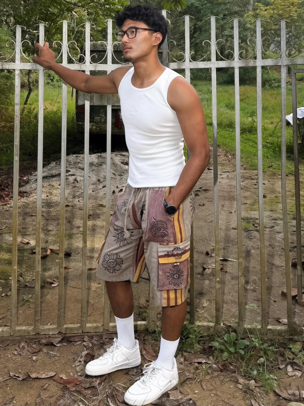 Boho Festival Cargo Shorts, Mushroom Sun Print Jorts, Baggy Fit, Elasticated Waist (100% Cotton)