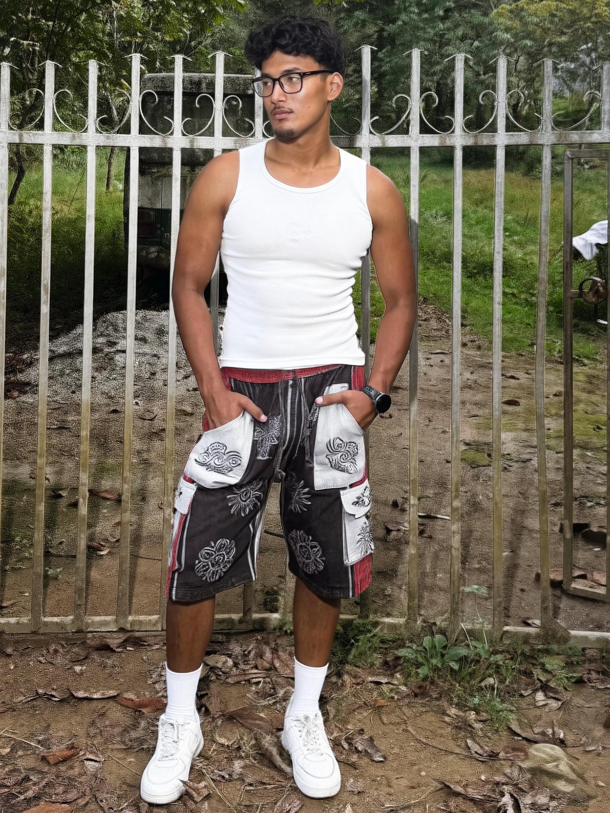 Boho Festival Cargo Shorts, Mushroom Sun Print Jorts, Baggy Fit, Elasticated Waist (100% Cotton)