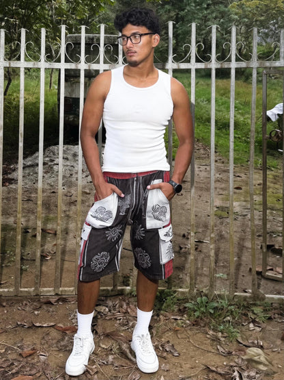 Boho Festival Cargo Shorts, Mushroom Sun Print Jorts, Baggy Fit, Elasticated Waist (100% Cotton)