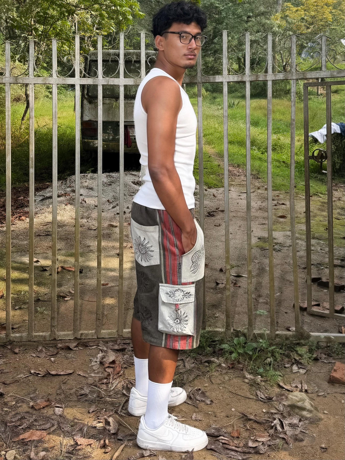 Boho Festival Cargo Shorts, Mushroom Sun Print Jorts, Baggy Fit, Elasticated Waist (100% Cotton)