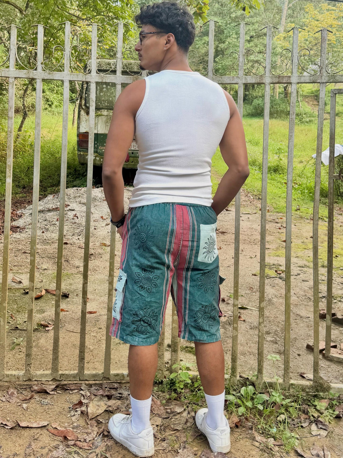 Boho Festival Cargo Shorts, Mushroom Sun Print Jorts, Baggy Fit, Elasticated Waist (100% Cotton)