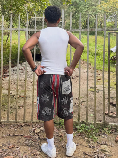 Boho Festival Cargo Shorts, Mushroom Sun Print Jorts, Baggy Fit, Elasticated Waist (100% Cotton)
